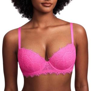 DOBREVA Women’s Balconette Bra Lace Lightly Padded Demi Full Coverage Plus Size Bras Underwire Support(Neon Pink)