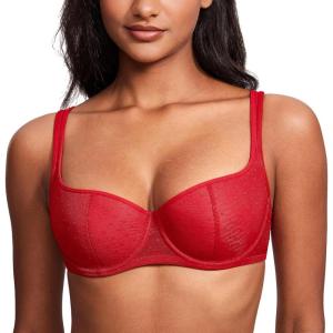 DOBREVA Women’s Balconette Bra Lightly Padded Plus Size Sexy Mesh Demi Underwire Bras Wide Cushioned Straps(Lipstick Red)