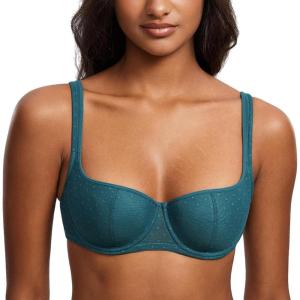 DOBREVA Women’s Balconette Bra Lightly Padded Plus Size Sexy Mesh Demi Underwire Bras Wide Cushioned Straps(Spruce Green)