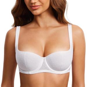 DOBREVA Women’s Balconette Bra Lightly Padded Plus Size Sexy Mesh Demi Underwire Bras Wide Cushioned Straps(White)