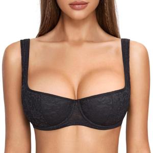 DOBREVA Women’s Balconette Bra Sexy Lace Demi Underwire Shelf Plus Size Lightly Padded Wide Straps(Black)