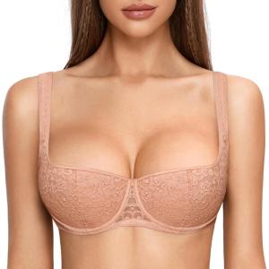 DOBREVA Women’s Balconette Bra Sexy Lace Demi Underwire Shelf Plus Size Lightly Padded Wide Straps(Cream Coffee)
