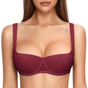 DOBREVA Women’s Balconette Bra Sexy Lace Demi Underwire Shelf Plus Size Lightly Padded Wide Straps(Dark Red)