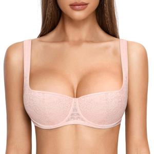 DOBREVA Women’s Balconette Bra Sexy Lace Demi Underwire Shelf Plus Size Lightly Padded Wide Straps(Gentle Rose)