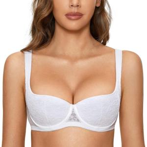 DOBREVA Women’s Balconette Bra Sexy Lace Demi Underwire Shelf Plus Size Lightly Padded Wide Straps(White)