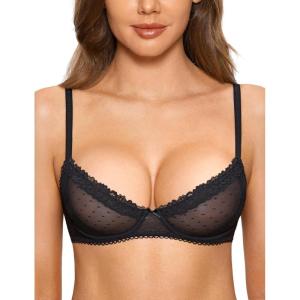 DOBREVA Women’s Balconette Lace Bra See Through Demi Sheer Mesh Plus Size Underwire(Black)