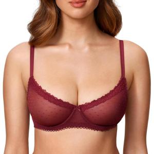 DOBREVA Women’s Balconette Lace Bra See Through Demi Sheer Mesh Plus Size Underwire(Dark Red)