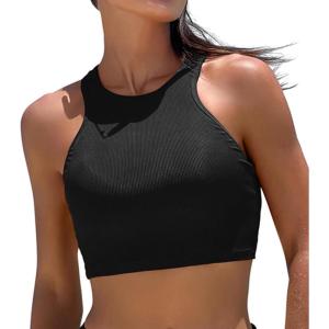 DOBREVA Women’s Bikini Top High Neck Swimsuit Racerback Ribbed Bathing Suit Crop Tops Sexy Swimwear(Black)