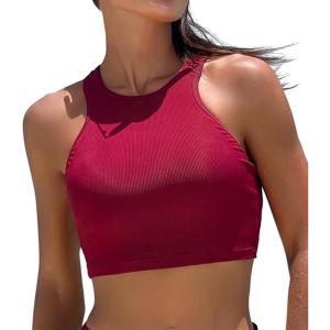 DOBREVA Women’s Bikini Top High Neck Swimsuit Racerback Ribbed Bathing Suit Crop Tops Sexy Swimwear(Cerise)