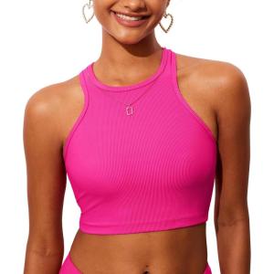 DOBREVA Women’s Bikini Top High Neck Swimsuit Racerback Ribbed Bathing Suit Crop Tops Sexy Swimwear(Rose Violet)