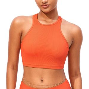 DOBREVA Women’s Bikini Top High Neck Swimsuit Racerback Ribbed Bathing Suit Crop Tops Sexy Swimwear(Sunstone)