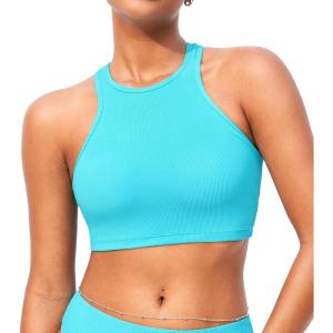 DOBREVA Women’s Bikini Top High Neck Swimsuit Racerback Ribbed Bathing Suit Crop Tops Sexy Swimwear(Turquoise)