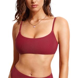 DOBREVA Women’s Bikini Top Scoop Neck Bathing Suit Tops Ribbed Adjustable Straps Swimsuit Sexy Padded Swim Bra(Cerise)