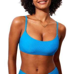 DOBREVA Women’s Bikini Top Scoop Neck Bathing Suit Tops Ribbed Adjustable Straps Swimsuit Sexy Padded Swim Bra(Madagascar Blue)