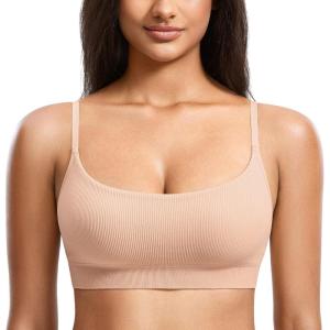 DOBREVA Women’s Bralettes No Underwire Bras Support Padded Wireless Ribbed Seamless Bra Removable Pads Push Up Inserts(Beige)