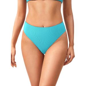 DOBREVA Women’s High Waisted Bikini Bottoms High Cut Swimsuit Ribbed Bathing Suit Bottom Swim Briefs(Turquoise)