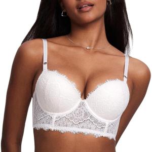 DOBREVA Women’s Lace Bralette Corset Bra Longline Bustier Padded Full Coverage Underwire Top(Coconut White)