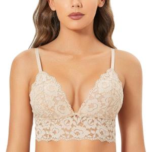 DOBREVA Women’s Lace Padded Bralette Plunge Wireless Longline Bra for A to D Cups(Beige)
