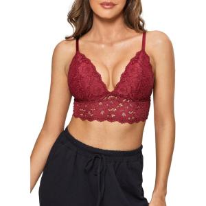 DOBREVA Women’s Lace Padded Bralette Plunge Wireless Longline Bra for A to D Cups(Cerise)