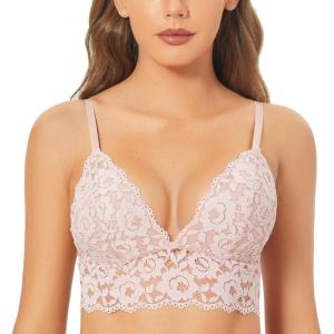 DOBREVA Women’s Lace Padded Bralette Plunge Wireless Longline Bra for A to D Cups(Gentle Rose (Bra))