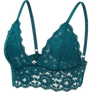 DOBREVA Women’s Lace Padded Bralette Plunge Wireless Longline Bra for A to D Cups(Spruce Green)