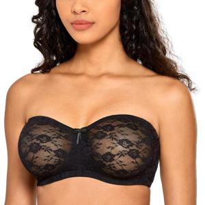 DOBREVA Women’s No Padding Strapless Lace Bra Underwire Multiway See-Through(Black)