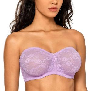 DOBREVA Women’s No Padding Strapless Lace Bra Underwire Multiway See-Through(Lilac)