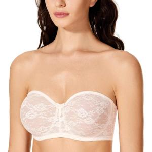 DOBREVA Women’s No Padding Strapless Lace Bra Underwire Multiway See-Through(Rose White)