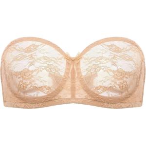 DOBREVA Women’s No Padding Strapless Lace Bra Underwire Multiway See-Through(Warm Beige)
