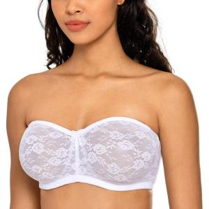 DOBREVA Women’s No Padding Strapless Lace Bra Underwire Multiway See-Through(White)