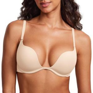 DOBREVA Women’s Plunge Bra Deep V Sexy Underwire Low Cut Bras T Shirt Cleavage Lightly Padded(Beige)