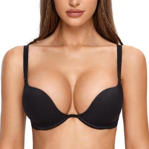 DOBREVA Women’s Plunge Bra Deep V Sexy Underwire Low Cut Bras T Shirt Cleavage Lightly Padded(Black)
