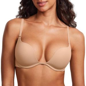 DOBREVA Women’s Plunge Bra Deep V Sexy Underwire Low Cut Bras T Shirt Cleavage Lightly Padded(Natural)
