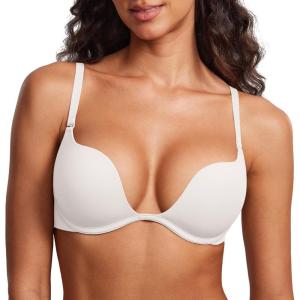 DOBREVA Women’s Plunge Bra Deep V Sexy Underwire Low Cut Bras T Shirt Cleavage Lightly Padded(White)