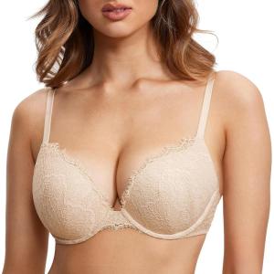 DOBREVA Women’s Push Up Bra Eyelash Lace Sexy Cleavage Underwire Support Plunge Bras(Beige)