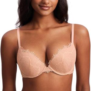DOBREVA Women’s Push Up Bra Eyelash Lace Sexy Cleavage Underwire Support Plunge Bras(Blush Beige)