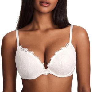 DOBREVA Women’s Push Up Bra Eyelash Lace Sexy Cleavage Underwire Support Plunge Bras(Coconut White)
