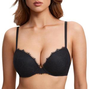 DOBREVA Women’s Push Up Bra Lace Full Coverage Plunge Padded Support Underwire Bras Add 1.5 Cup(Black)