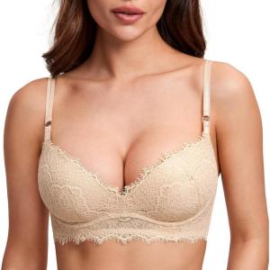 DOBREVA Women’s Push Up Bra No Underwire Lace Comfortable Wireless Bras Padded Support Plunge Bralette(Beige)