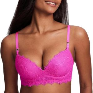 DOBREVA Women’s Push Up Bra No Underwire Lace Comfortable Wireless Bras Padded Support Plunge Bralette(Bright Fuchsia)