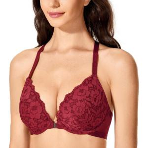 DOBREVA Women’s Push Up Bra Racerback Front Closure Bras Lace Padded Underwire Plunge Floral(Cerise)