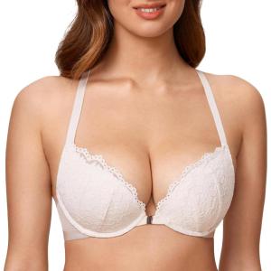 DOBREVA Women’s Push Up Bra Racerback Front Closure Bras Lace Padded Underwire Plunge Floral(Coconut White)