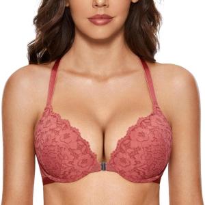 DOBREVA Women’s Push Up Bra Racerback Front Closure Bras Lace Padded Underwire Plunge Floral(Crabapple)
