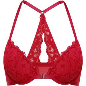 DOBREVA Women’s Push Up Bra Racerback Front Closure Bras Lace Padded Underwire Plunge Floral(Lipstick Red)