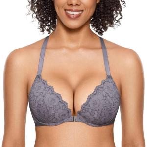 DOBREVA Women’s Push Up Bra Racerback Front Closure Bras Lace Padded Underwire Plunge Floral(Nine Iron)
