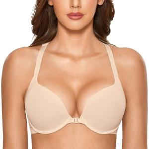 DOBREVA Women’s Push Up Bra Racerback Front Closure Bras Plunge Underwire Tshirt Padded Lace(Beige)