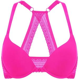 DOBREVA Women’s Push Up Bra Racerback Front Closure Bras Plunge Underwire Tshirt Padded Lace(Glitter Pink)