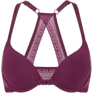 DOBREVA Women’s Push Up Bra Racerback Front Closure Bras Plunge Underwire Tshirt Padded Lace(Grape Wine)