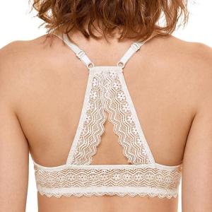 DOBREVA Women’s Push Up Bra Racerback Front Closure Bras Plunge Underwire Tshirt Padded Lace(Ivory)