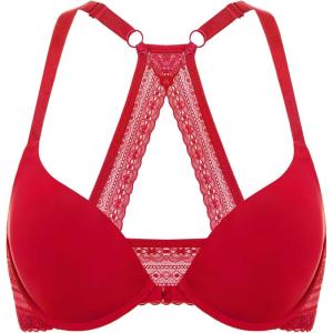 DOBREVA Women’s Push Up Bra Racerback Front Closure Bras Plunge Underwire Tshirt Padded Lace(Lipstick Red)